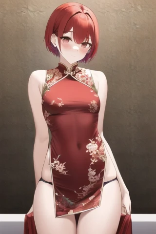 Short hair, Small breasts, Panties visible from under skirt, Chinese, Masterpiece, Chinese clothing, Dress, Underwear